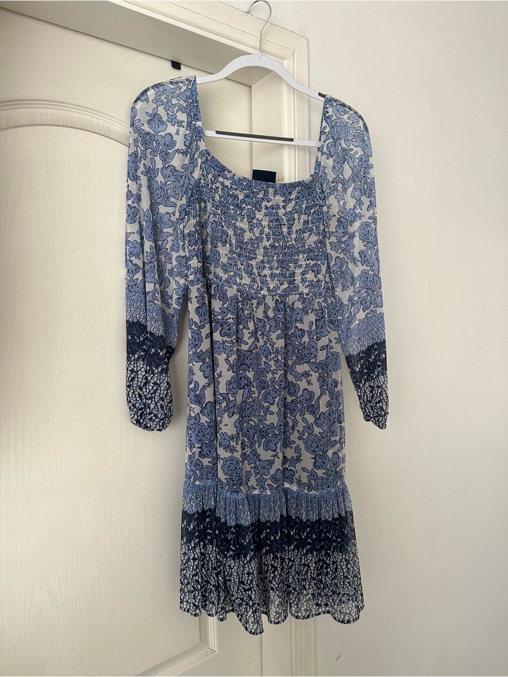Taylor Blue and White Floral Smocked Midi Dress